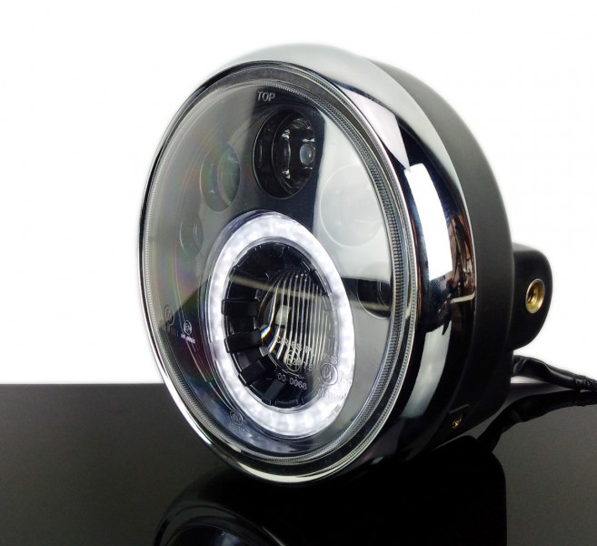 Motorrad LED Frontscheinwerfer, 6,5 Zoll Universal Scheinwerfer Distanz  Licht mit Halterung zur Überholung des Motorrad Cafe-Racer (Weißes Licht)