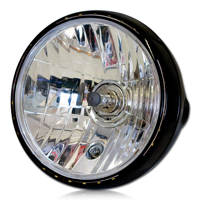 7 Scheinwerfer Sidemount mit LED Standlichtring schwarz für Custombike  Motorrad